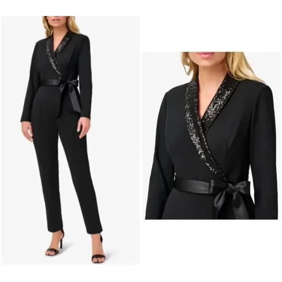 NEW NWT Adrianna Papell Womens Stretch Crepe Tuxedo Jumpsuit Sequin Lapel size 4 - Picture 8 of 8